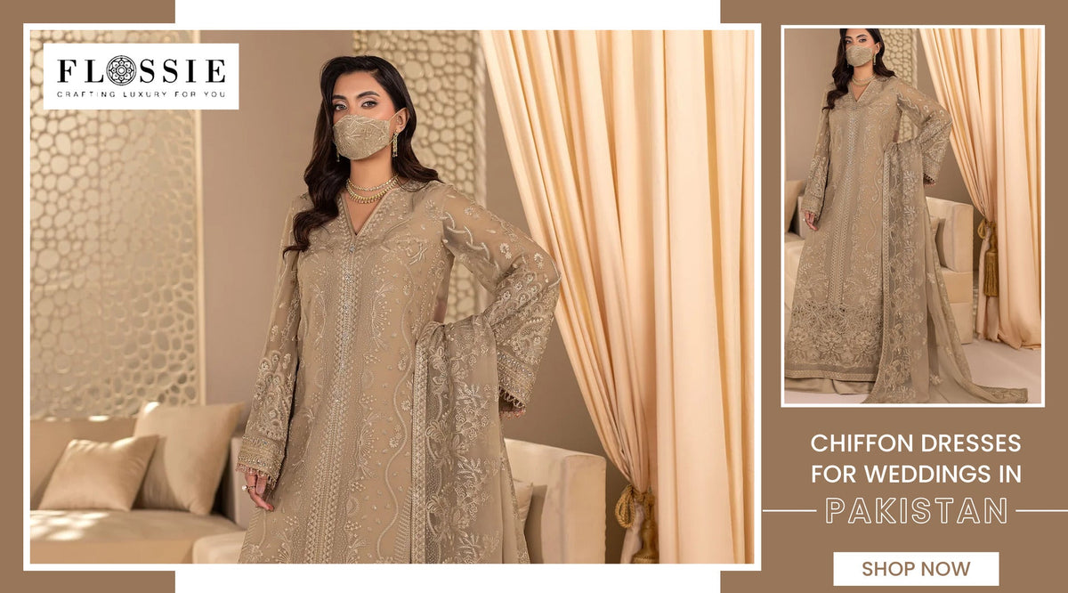 Beige embroidered chiffon dress for weddings in Pakistan from Flossie Clothing