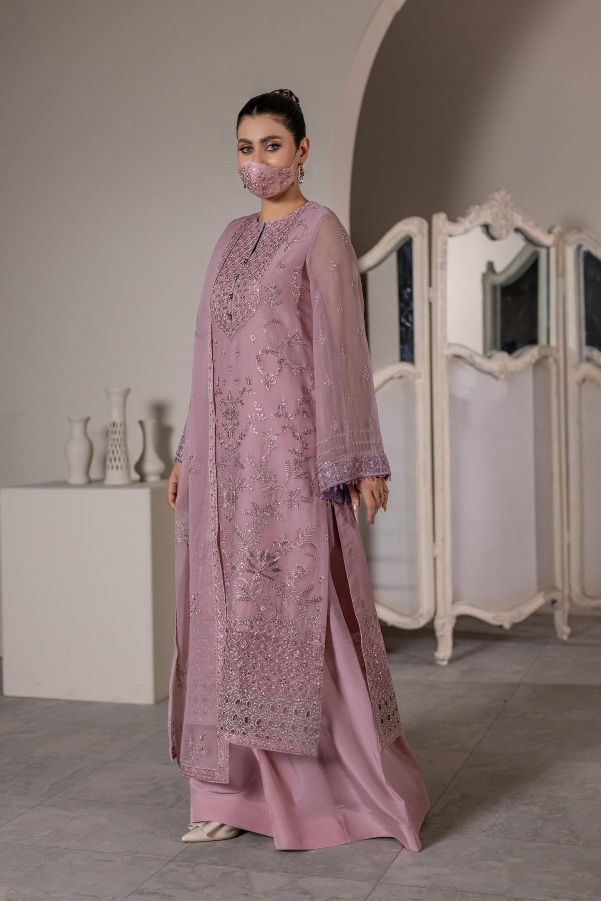 Roselle – Dusty Pink Embroidered Chiffon 3 Piece Suit, Styled Look | Flossie Formal Wear