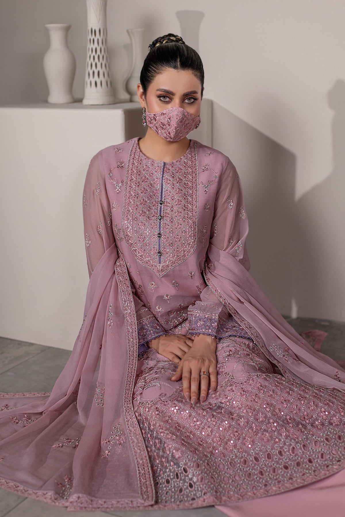 Roselle – Dusty Pink Embroidered Chiffon 3 Piece Suit, Front View | Flossie Formal Wear