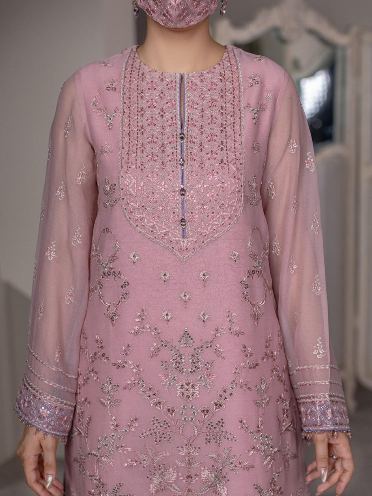 Roselle – Dusty Pink Embroidered Chiffon 3 Piece Suit with Chiffon Dupatta | Flossie Formal Wear