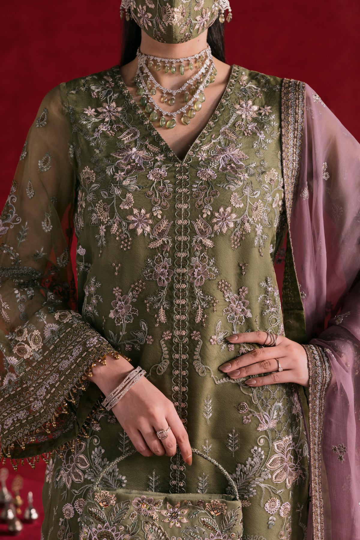 Olivine – 3 Piece Embroidered Chiffon Dress