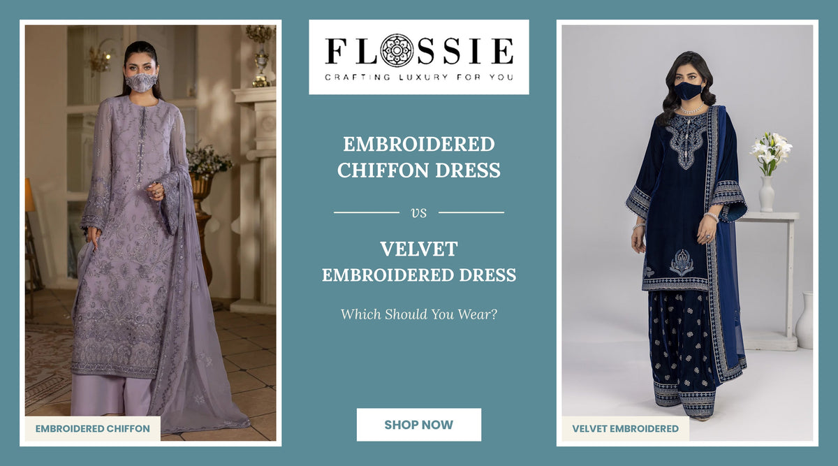 Embroidered chiffon dress and velvet embroidered dress from Flossie Clothing