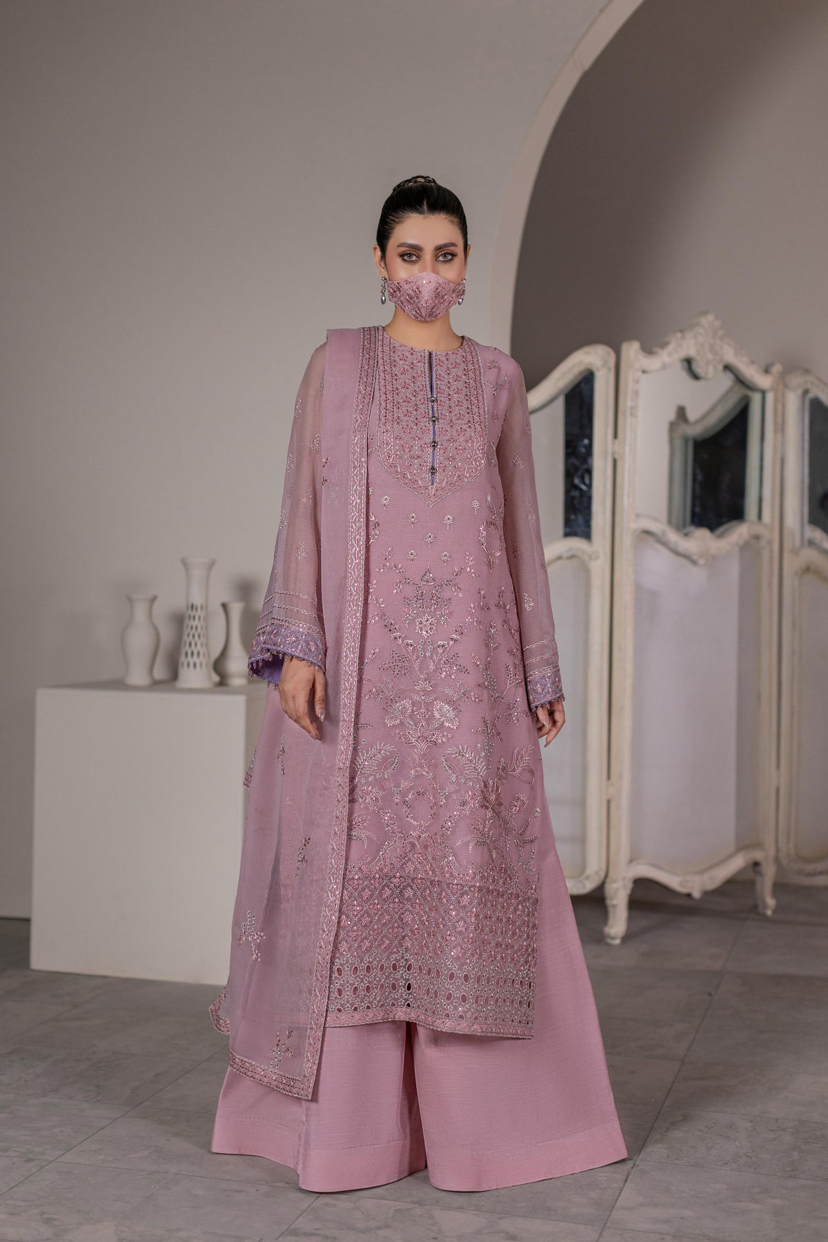 Roselle – Dusty Pink Heavily Embroidered Chiffon 3 Piece Suit with Wide-Leg Trousers and Sheer Embroidered Dupatta | Flossie