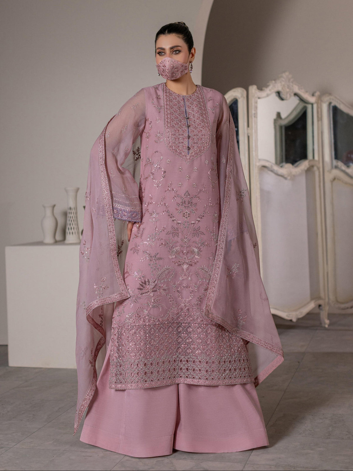 Roselle – Dusty Pink Embroidered Chiffon 3 Piece Suit with Silver Embroidery, Wide-Leg Trousers and Sheer Chiffon Dupatta | Flossie Formal Wear