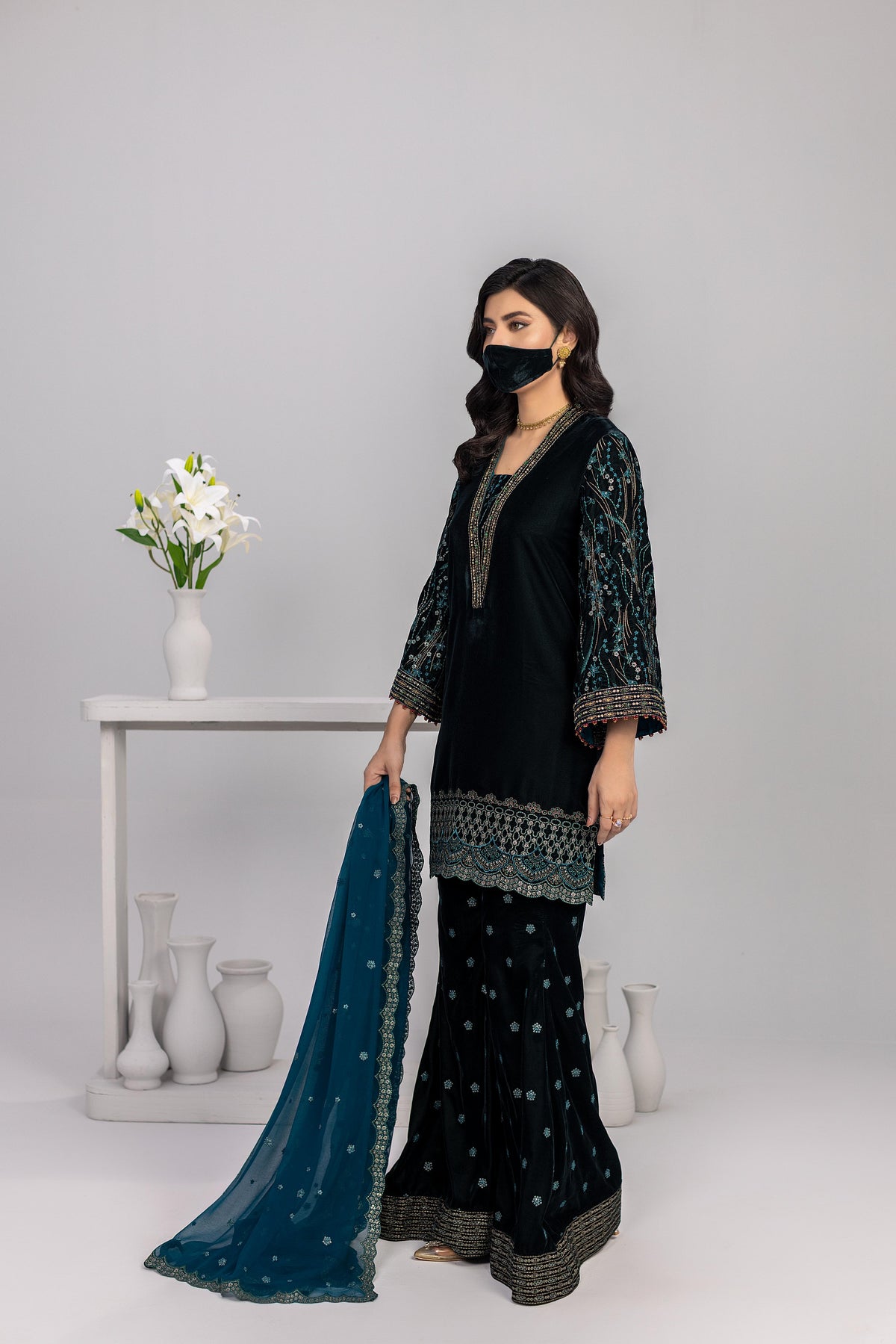 Zafira - 3 Piece Embdoirdered Velvet Dress